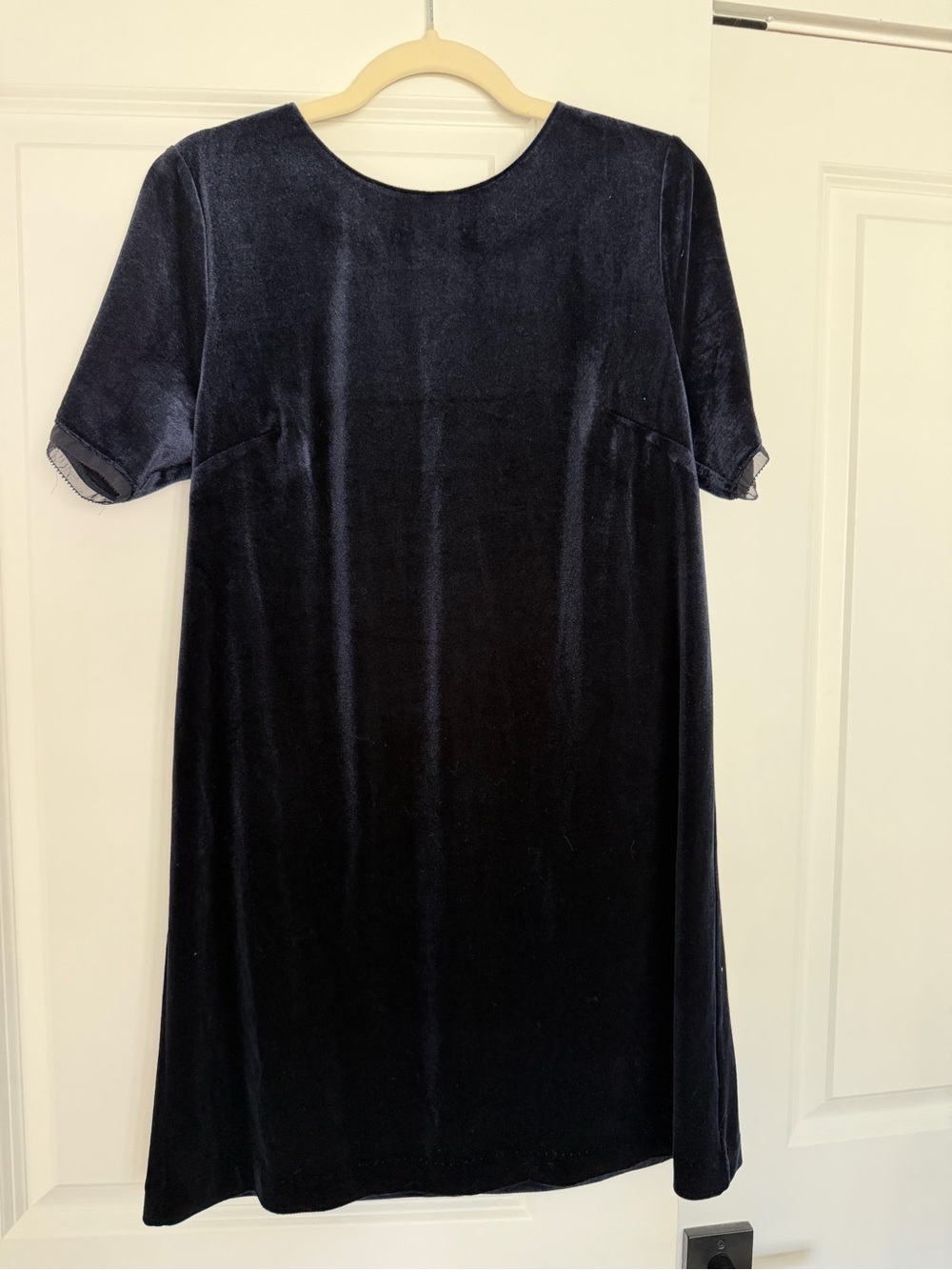 NWT Gentle Fawn Navy Velvet Shift Dress v back with sheer trim.